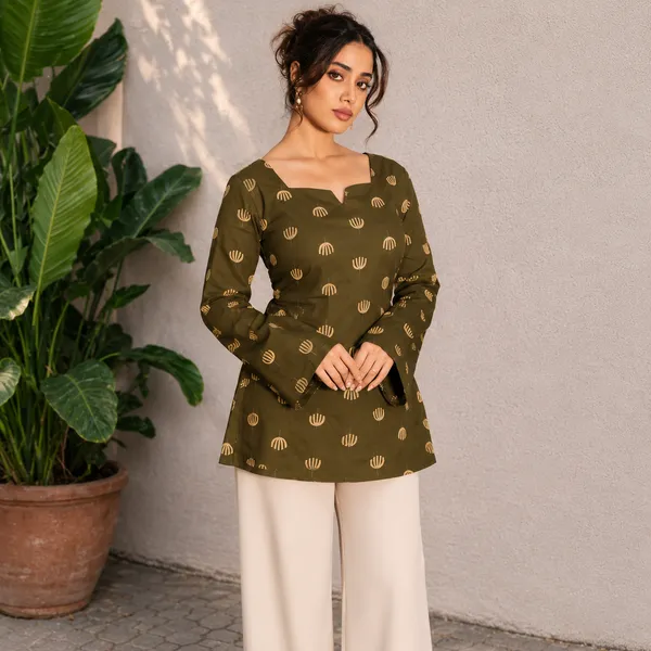 Olive_Green_Printed_Tunic_With_Bell_Sleeves_For_Women