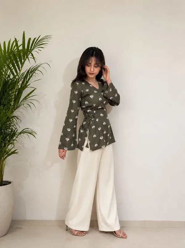 Kurvee_Women_Olive_Green_Printed_Side_Corset_Tie-Up_Kurti_with_Bell_Sleeves