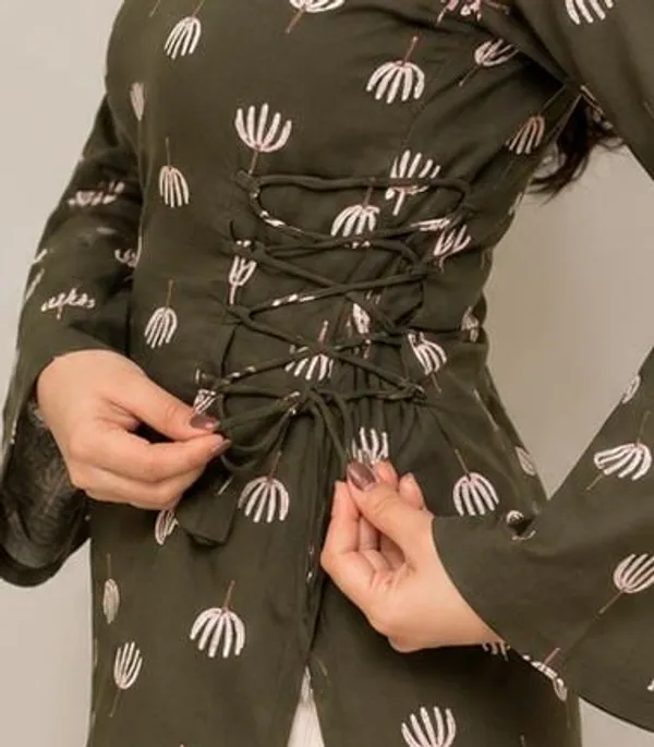 Kurvee_Women_Olive_Green_Printed_Side_Corset_Tie-Up_Kurti_with_Bell_Sleeves