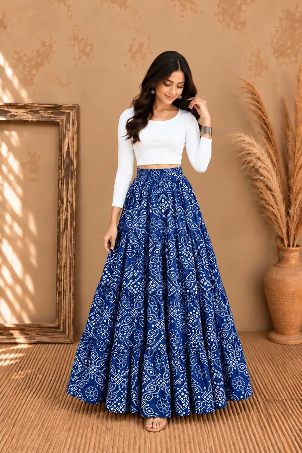 Women_Bandhani_Printed_Tiered_Flared_Maxi_Skirt_(Blue)