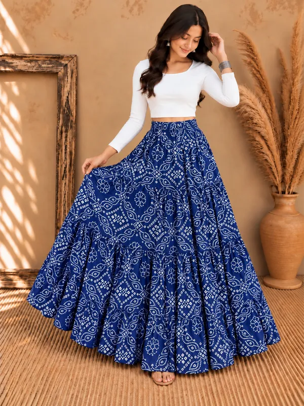 Women_Bandhani_Printed_Tiered_Flared_Maxi_Skirt_(Blue)