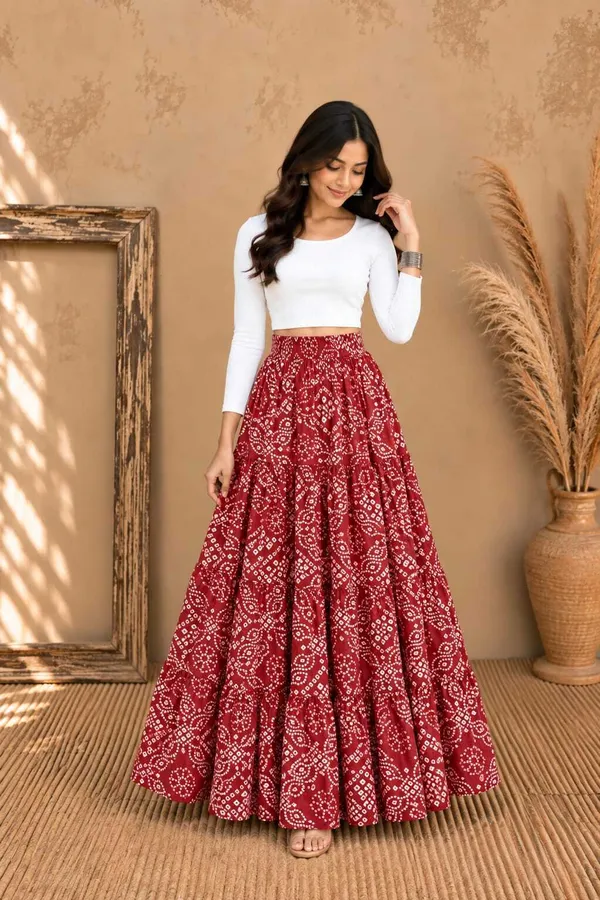 Women_Bandhani_Printed_Tiered_Flared_Maxi_Skirt_(Maroon)
