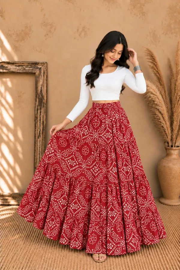 Women_Bandhani_Printed_Tiered_Flared_Maxi_Skirt_(Maroon)