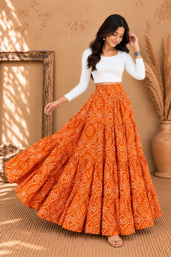 Women_Bandhani_Printed_Tiered_Flared_Maxi_Skirt_(Orange)
