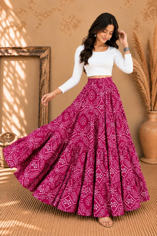 Women_Bandhani_Printed_Tiered_Flared_Maxi_Skirt_(Pink)