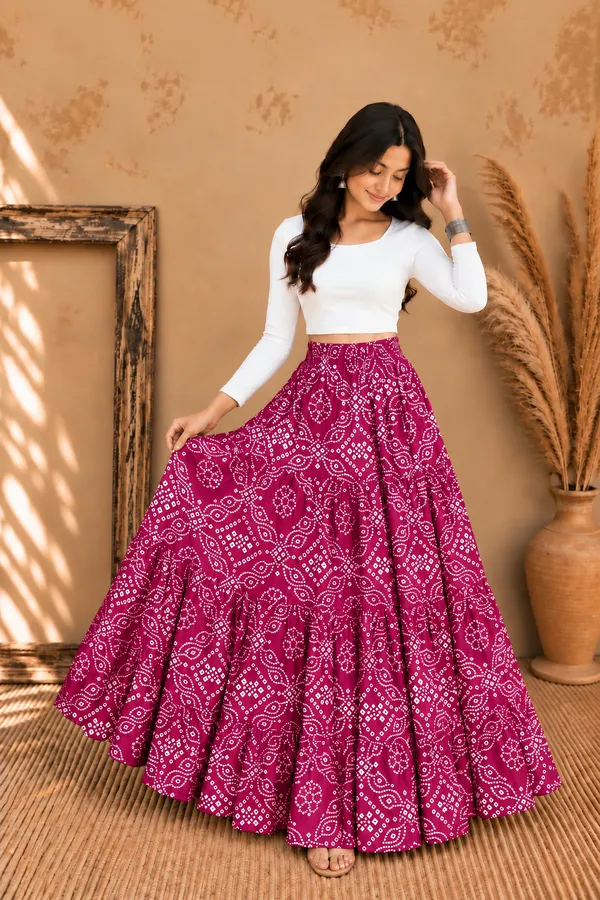 Women_Bandhani_Printed_Tiered_Flared_Maxi_Skirt_(Pink)