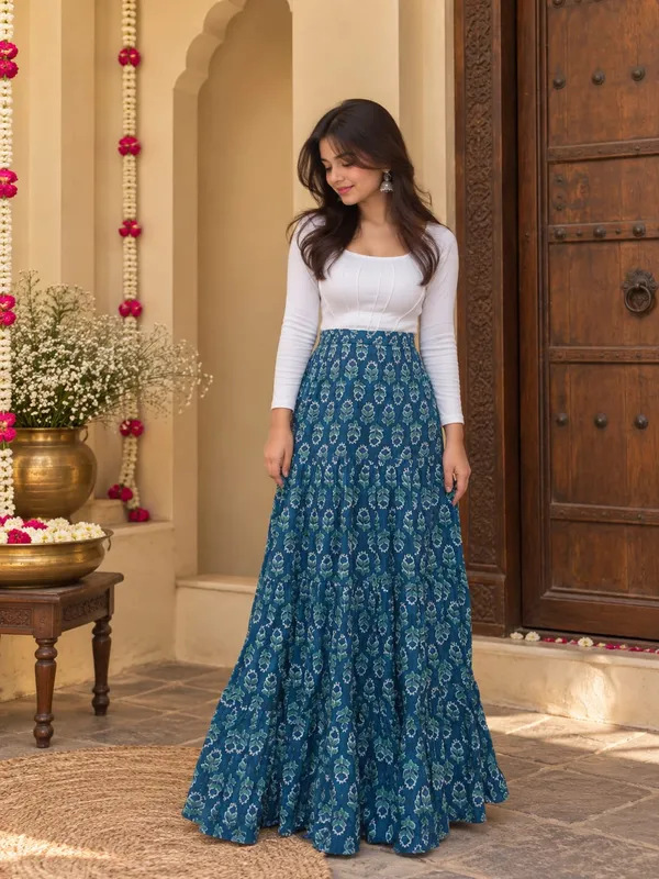 Women_Teal_Blue_Floral_Printed_Flared_Maxi_Skirt_|_High_Waist_Long_Flowing_Ethnic_Skirt