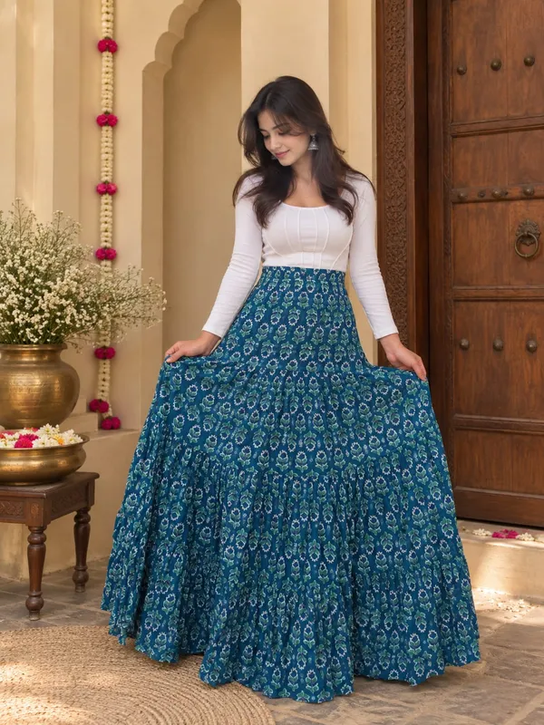 Women_Teal_Blue_Floral_Printed_Flared_Maxi_Skirt_|_High_Waist_Long_Flowing_Ethnic_Skirt