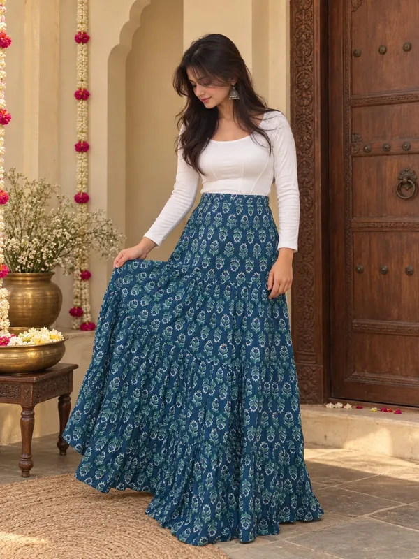 Women_Teal_Blue_Floral_Printed_Flared_Maxi_Skirt_|_High_Waist_Long_Flowing_Ethnic_Skirt