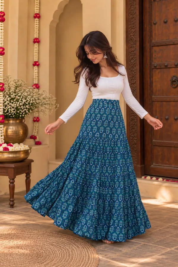 Women_Teal_Blue_Floral_Printed_Flared_Maxi_Skirt_|_High_Waist_Long_Flowing_Ethnic_Skirt