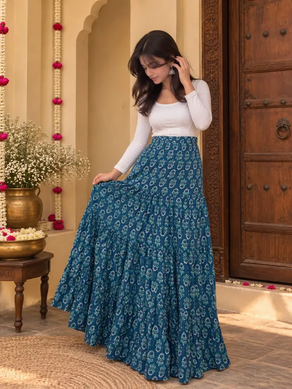 Women_Teal_Blue_Floral_Printed_Flared_Maxi_Skirt_|_High_Waist_Long_Flowing_Ethnic_Skirt