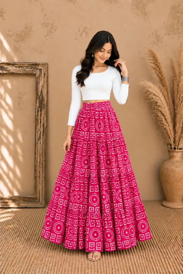 Women’s_Bandhani_Print_Tiered_Flared_Maxi_Skirt_with_Elastic_Waist