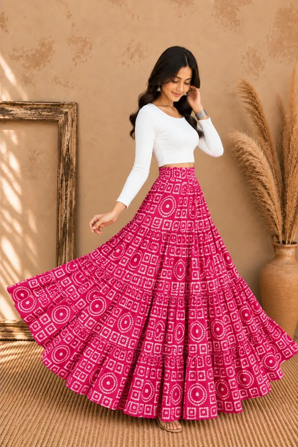 Women’s_Bandhani_Print_Tiered_Flared_Maxi_Skirt_with_Elastic_Waist