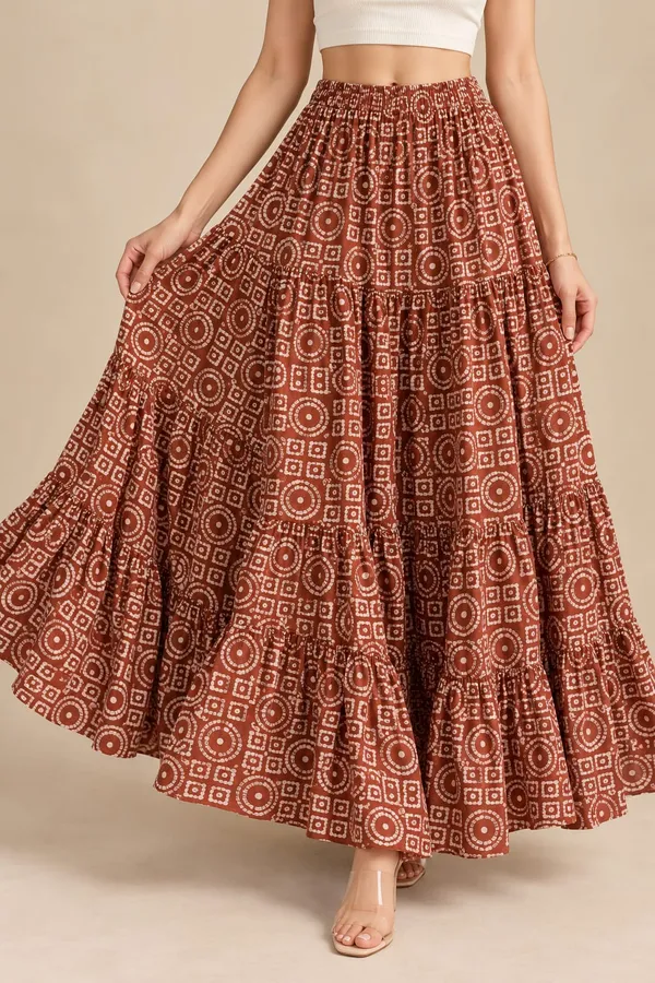 Women's_Chocolate_Brown_Geometric_Printed_Tiered_Maxi_Skirt_with_Elasticated_Waistband