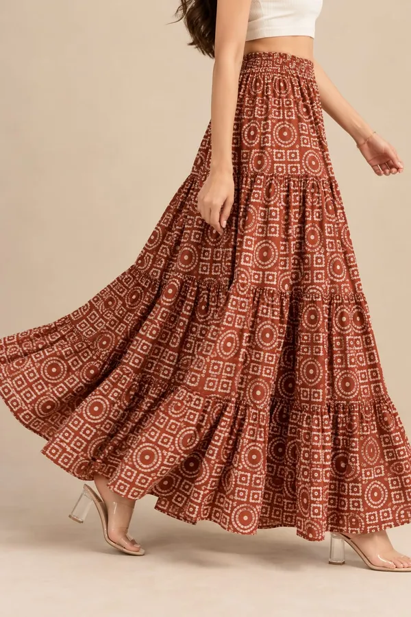 Women's_Chocolate_Brown_Geometric_Printed_Tiered_Maxi_Skirt_with_Elasticated_Waistband