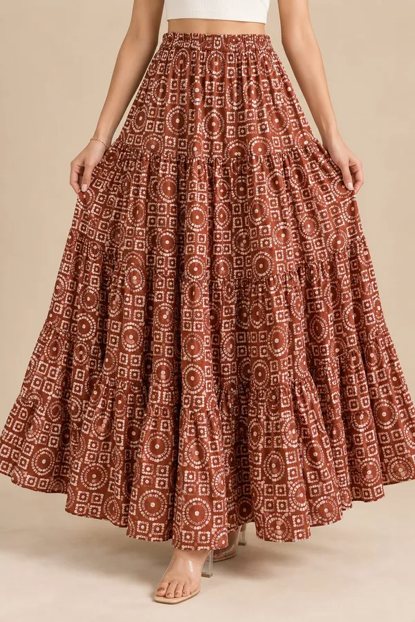 Women's_Chocolate_Brown_Geometric_Printed_Tiered_Maxi_Skirt_with_Elasticated_Waistband