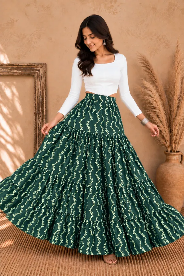 Women’s_Green_Floral_Vine_Print_Tiered_Maxi_Skirt