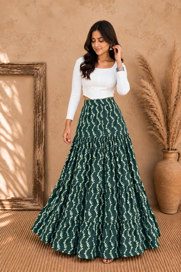 Women’s_Green_Floral_Vine_Print_Tiered_Maxi_Skirt