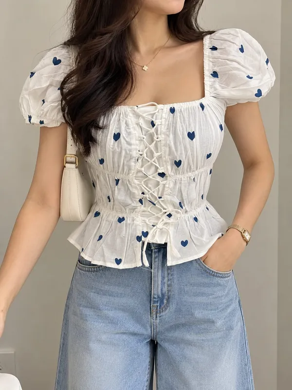Women's_Heart_Printed_Square_Neck_Puff_Sleeve_Corset_Top_with_Front_Lace-Up_Detail