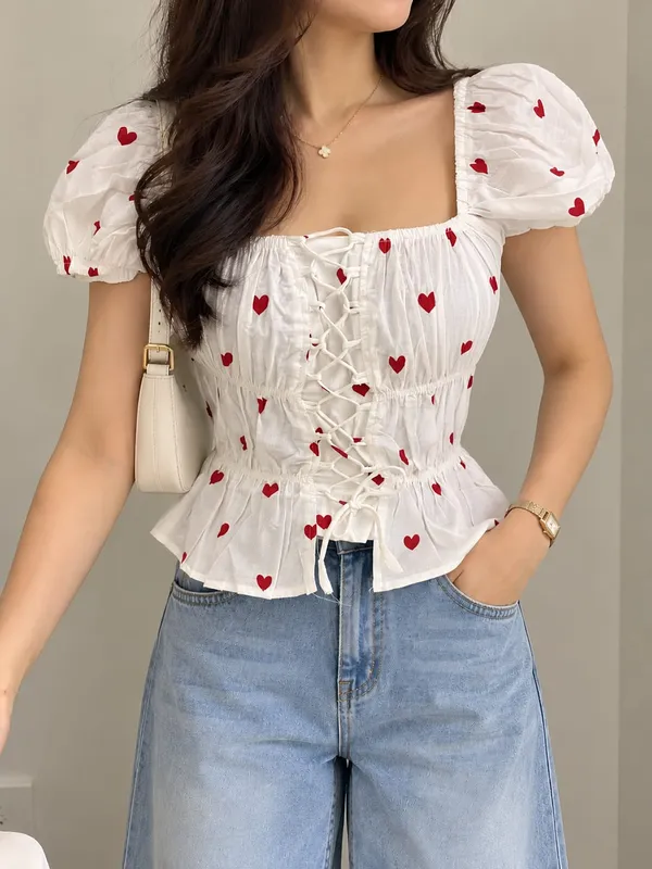 Women's_Heart_Printed_Square_Neck_Puff_Sleeve_Corset_Top_with_Front_Lace-Up_Detail
