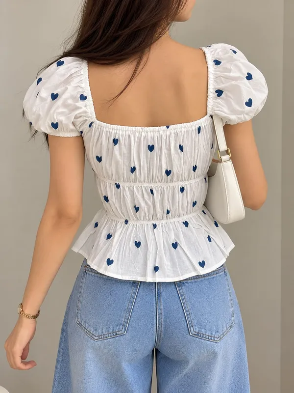 Women's_Heart_Printed_Square_Neck_Puff_Sleeve_Corset_Top_with_Front_Lace-Up_Detail