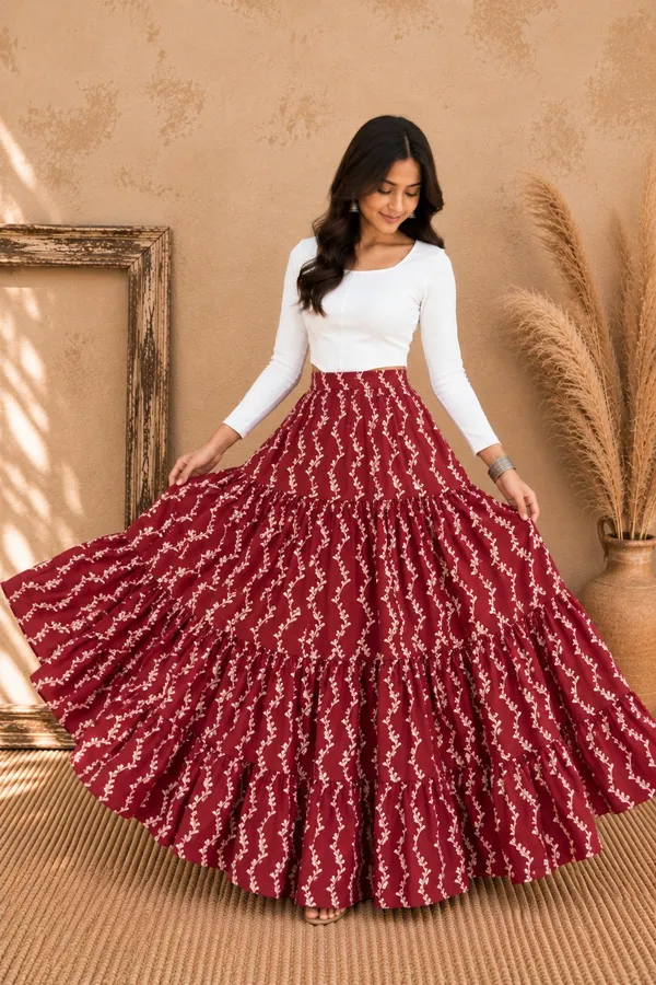 Women’s_Printed_Maroon-Leaf_Print_Flared_Long_Maxi_Skirt