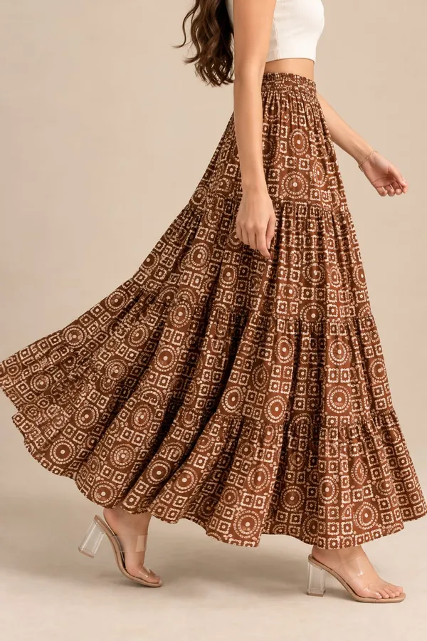Women's_Rust_Brown_Geometric_Printed_Tiered_Maxi_Skirt_with_Elasticated_Waistband