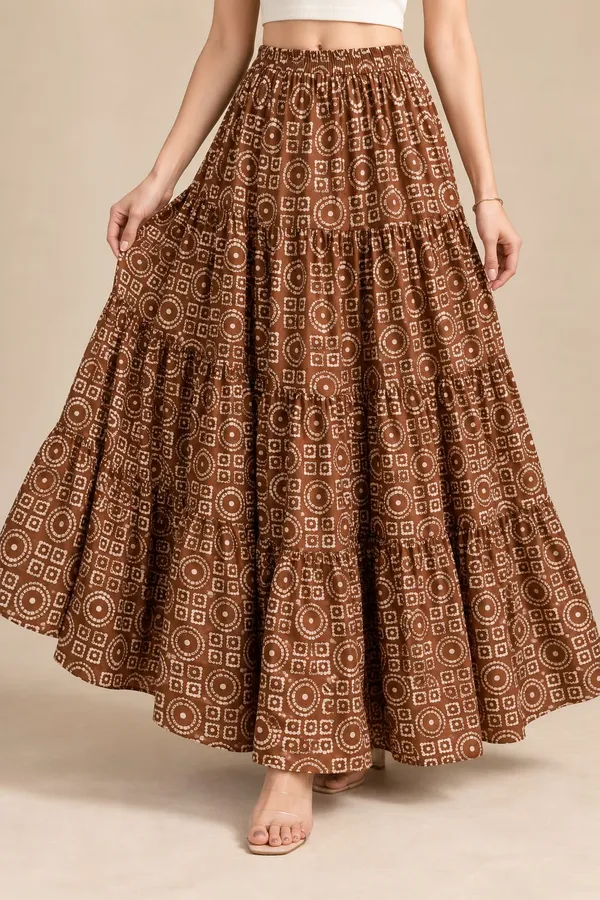 Women's_Rust_Brown_Geometric_Printed_Tiered_Maxi_Skirt_with_Elasticated_Waistband