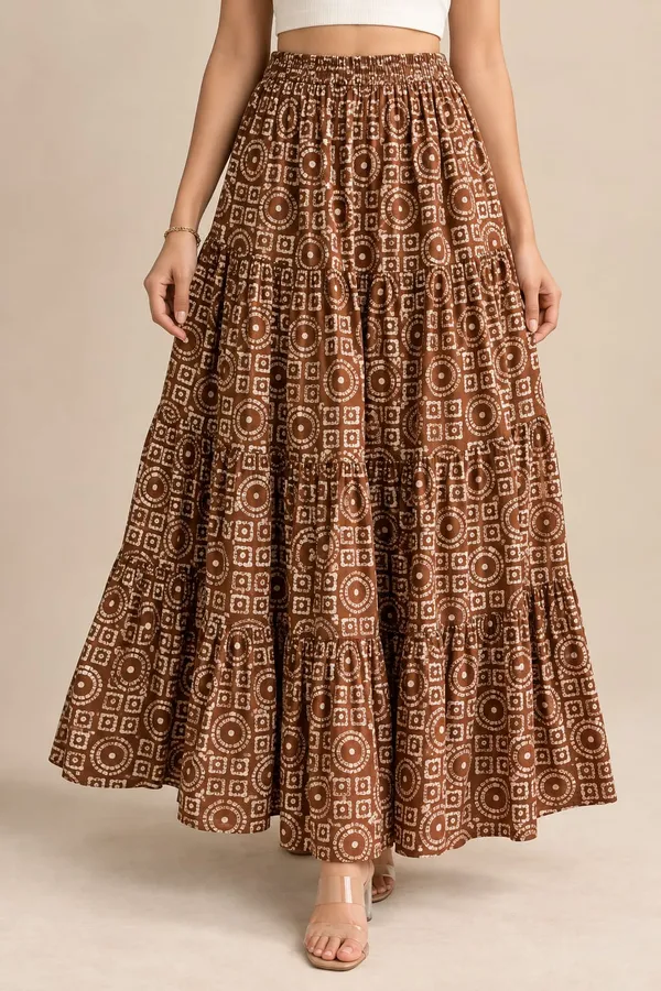 Women's_Rust_Brown_Geometric_Printed_Tiered_Maxi_Skirt_with_Elasticated_Waistband