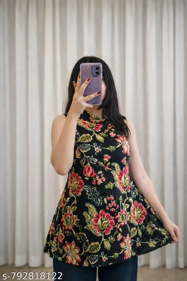 Black_Floral_Printed_Sleeveless_Flared_High_Neck_Casual_Top_For_Women