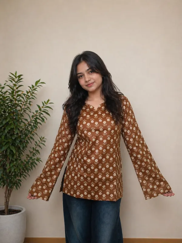 Mustard_Floral_Printed_Cotton_Kurti_with_bell_Sleeves