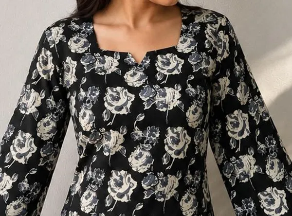 Kurvee_Women_Black_Floral_Print_Square_Neck_Bell_Sleeve_Cotton_Kurti