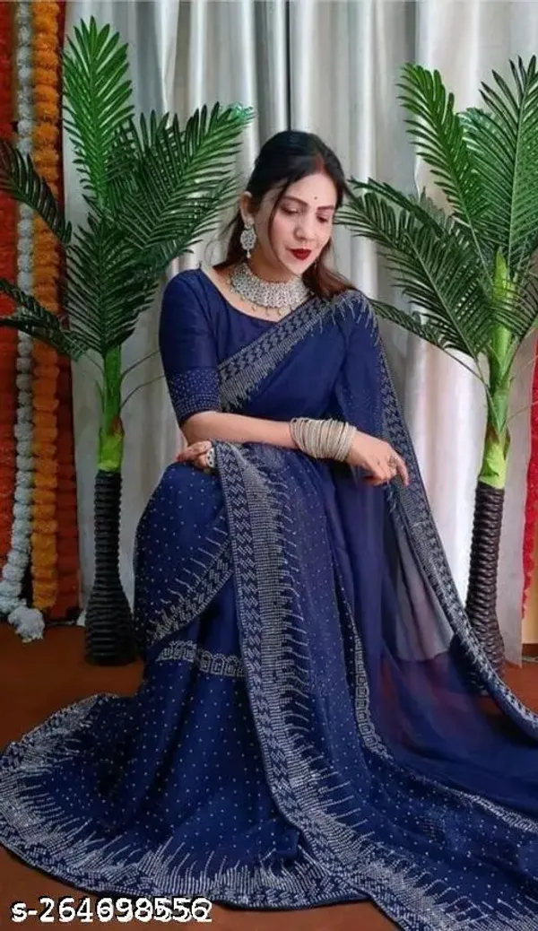 Blue_Swarovski_Crystal_Diamond_Self_Design_Applique_Hand_Painted_Bollywood_Georgette_Saree