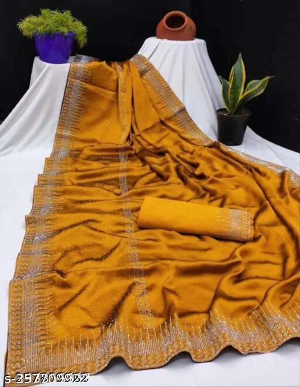 Yellow_Swarovski_Crystal_Diamond_Self_Design_Applique_Hand_Painted_Bollywood_Georgette_Saree