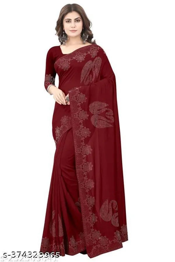 Trending_Beautiful_Hotfix_Daimond_Work_Saree_With_Same_Colour_Attractive_Blouse