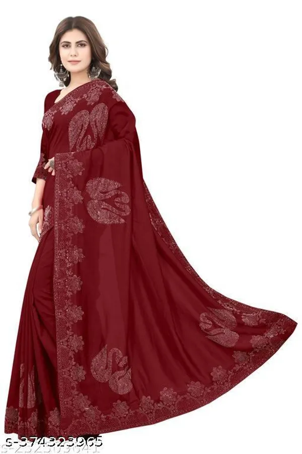 Trending_Beautiful_Hotfix_Daimond_Work_Saree_With_Same_Colour_Attractive_Blouse