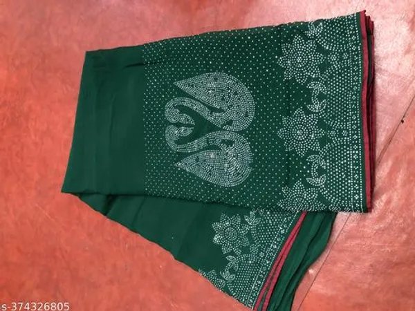 Pure_Georgette_Silk_Saree_With_With_Beautiful_Border_Decorated_With_Heavy_Diamond_Work_Contrast_Blouse_Matching_Women_Loved_This_Sari