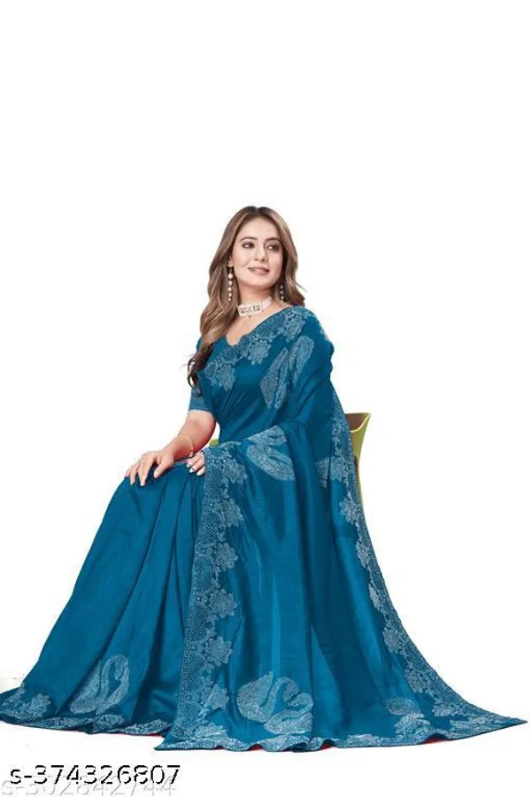 Pure_Georgette_Silk_Saree_With_With_Beautiful_Border_Decorated_With_Heavy_Diamond_Work_Contrast_Blouse_Matching_Women_Loved_This_Sari