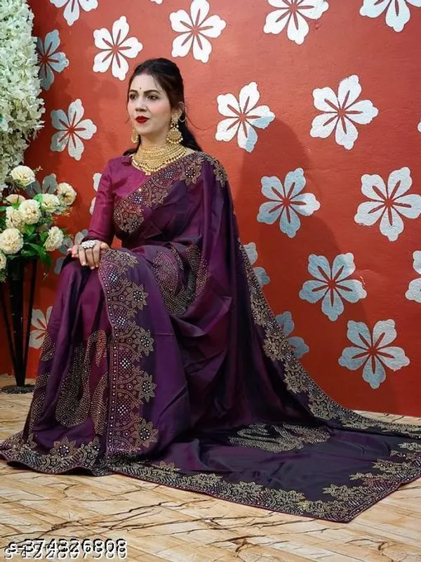 Pure_Georgette_Silk_Saree_With_With_Beautiful_Border_Decorated_With_Heavy_Diamond_Work_Contrast_Blouse_Matching_Women_Loved_This_Sari