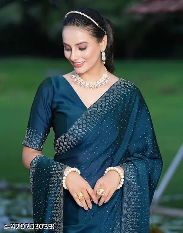 Looootnest_Mehendi_Colour_Georgette_Designer_Saree_With_Stone_Work_With_Unstiched_Blouse_Peace_For_Women_And_Girls
