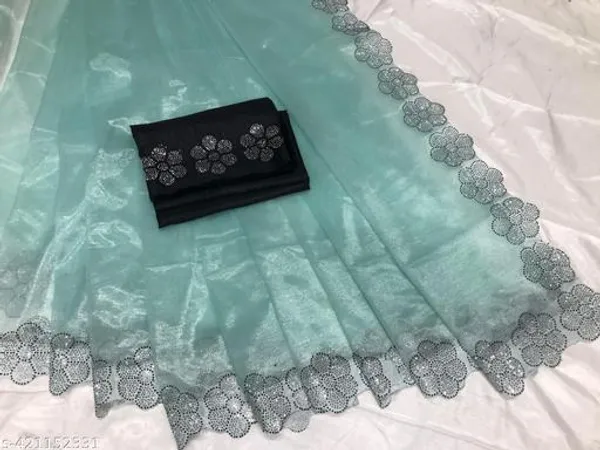 Trending_Beautiful_Fully_Diamond_Work_Jimmy_Choo_Saree_With_Same_Colour_Attractive_Blouse_Piece_Special_Skay_Color_Jimmy_Choo_Type_Hand_And_Stone_Work_Saree_Specially_Crafted_To_Make_You_Shine_Every_Occassion_Jimmy_Choo_Saree