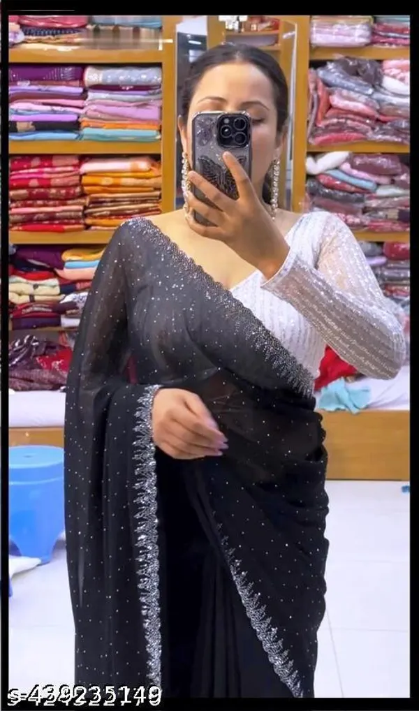 Premium_Georgette_Stone_Work_Stylish_Saree_With_Separate_Blouse_Piece