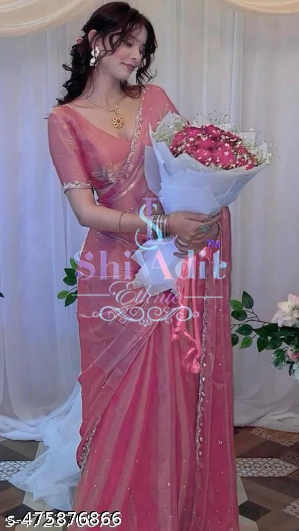 Trending_Beautiful_Fully_Diamond_Work_Jimmy_Choo_Saree_With_Same_Colour_Attractive_Blouse_Piece