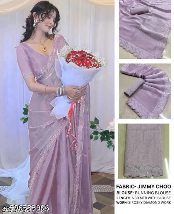 Trending_Beautiful_Fully_Diamond_Work_Jimmy_Choo_Saree_With_Same_Colour_Attractive_Blouse_Piece