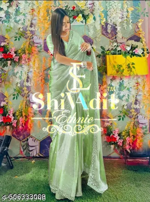 Trending_Beautiful_Fully_Diamond_Work_Jimmy_Choo_Saree_With_Same_Colour_Attractive_Blouse_Piece
