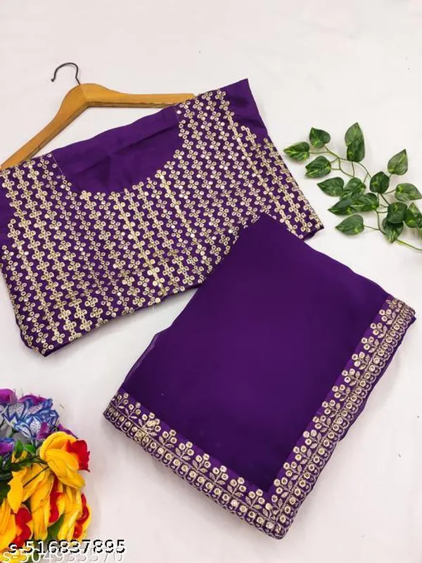 Georgette_Embroidered_Elegant_Purple_Color_Sreee_With_Blouse