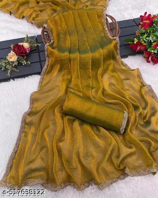 New_Trending_Two_Tone_Golden_Saree_With_China_Lace_Border