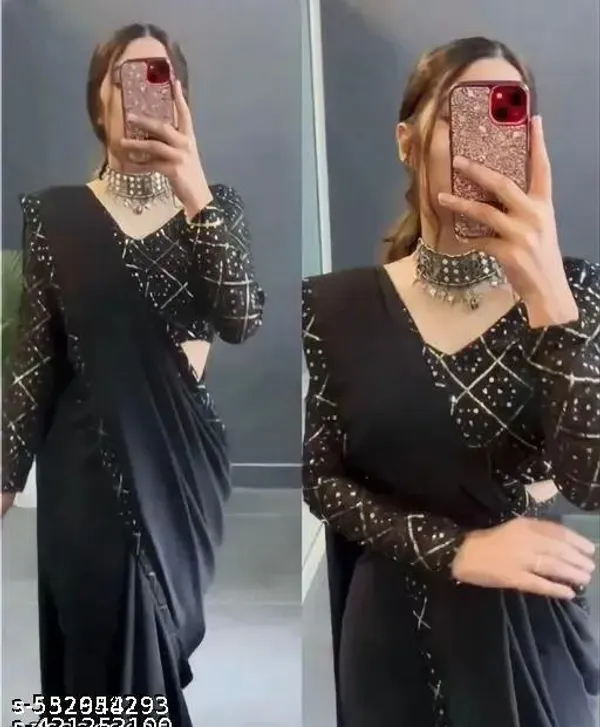 Embroidered_Solid_Plain_Bollywood_Georgette_Saree_New_Heavy_Bollywood_Sequences_Saree_Black