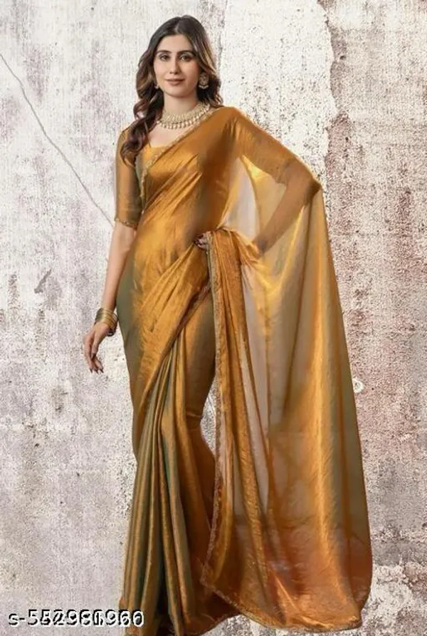 Gold_Two_Tone_Colour_Trending_Chiffon_Bollywood_Saree_And_Attached_Unstiched_Blouse_Piece_With_Hotfix_Lace_Border