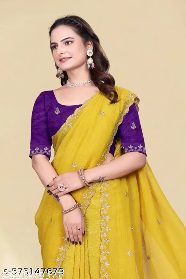 Crunchy_Fabrics_Lemon_Yellow_Saree_With_Embroidery_Work_With_Full_Hand_Work_Cruncy_Purple_Blouse_By_Kraddle